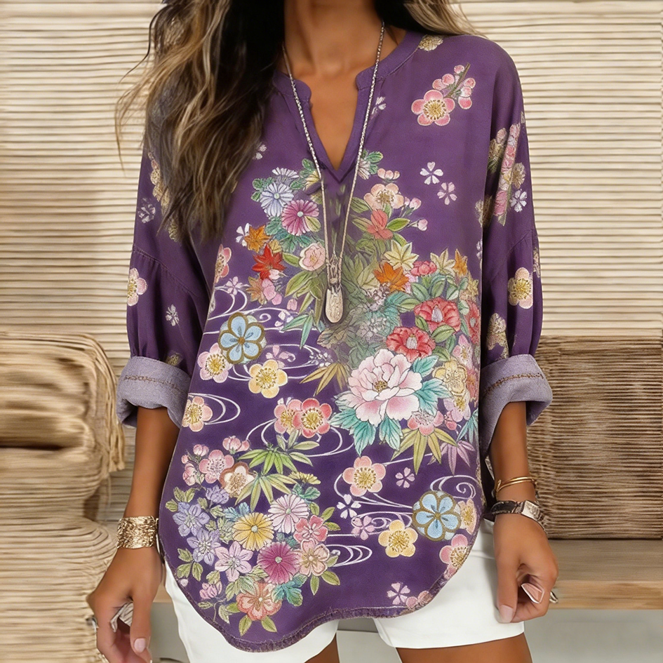 Japanese Art Retro Plant Flower Printed Women's Top elevenforest