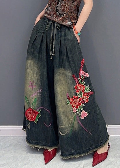 Navy Embroidered Tie Waist Elastic Waist Pockets Wide Leg Pants Summer