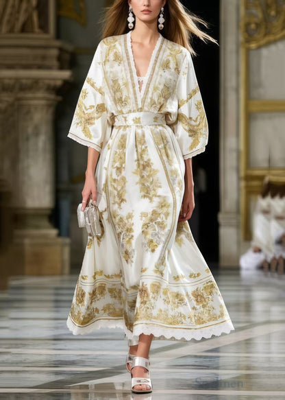 Boutique White Cinched Print Silk Maxi Dresses Summer