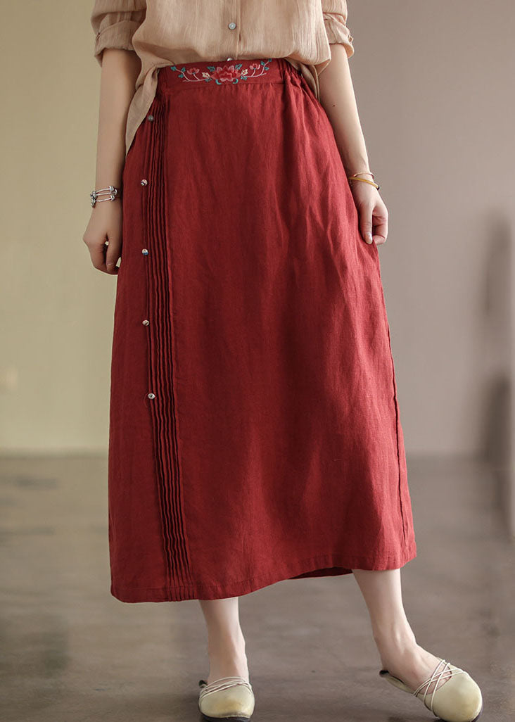 Red Wrinkled Embroideried Patchwork Cotton Skirts Summer