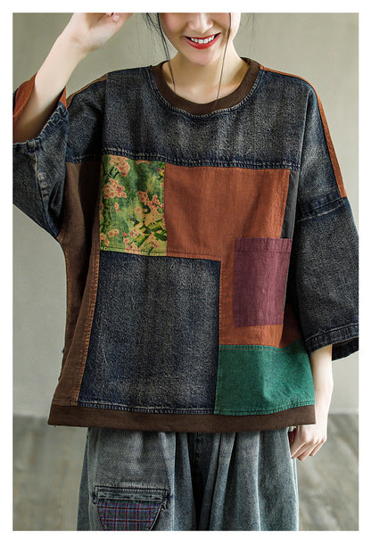 Print Denim Panel Doll Sleeve T-shirt