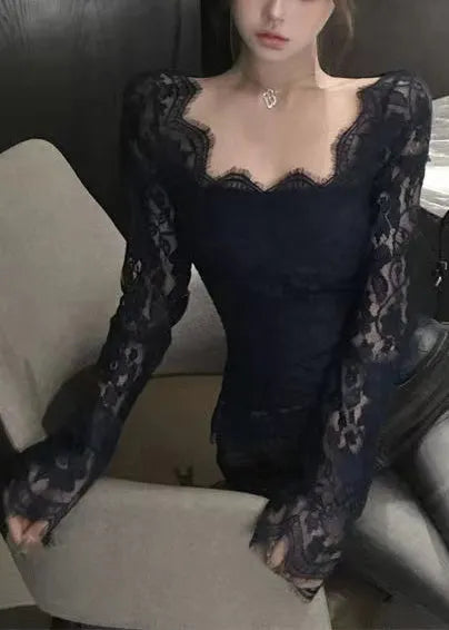 Black Hollow Out Lace Eyelash Tops Spring