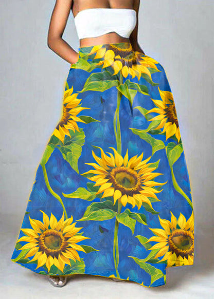 Yellow High Waist Pockets Print Cotton a Line Skirt Summer