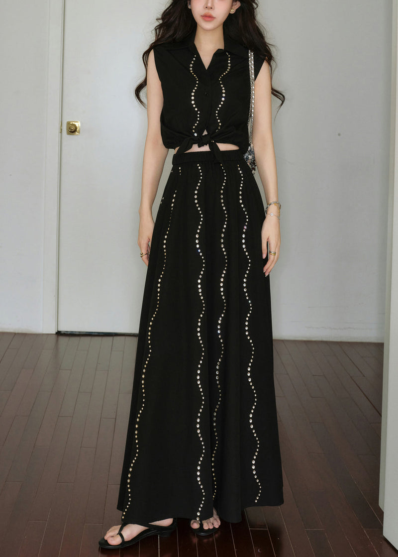 French Black Zircon Lace Up Tops and Skirts Cotton Two Pieces Set Sleeveless
