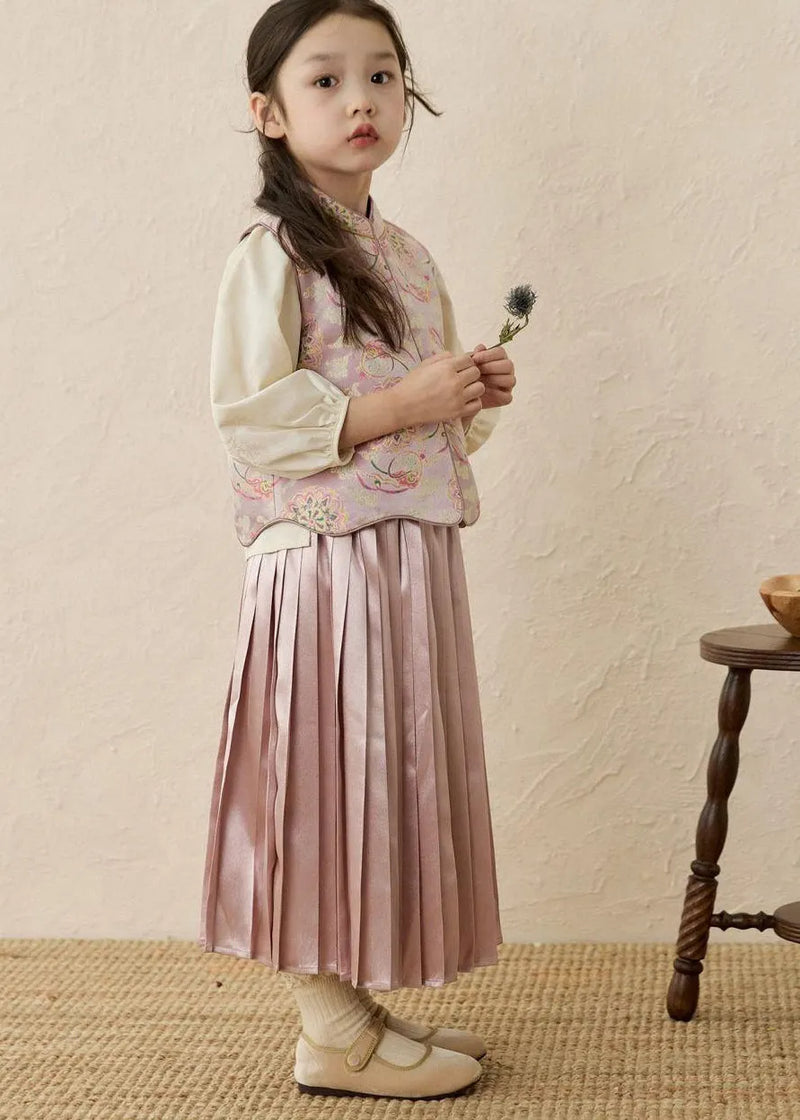 Chinese Style Print Stand Collar Print Kids Waistcoat Top and Maxi Skirts Three Pieces Set Spring
