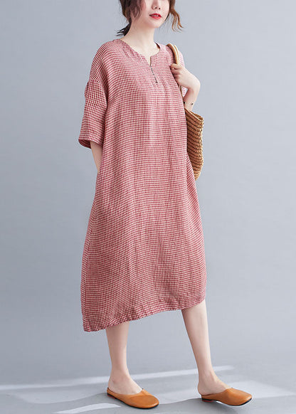 Red Pockets Plaid Cotton Vacation Dresses Short Sleeve