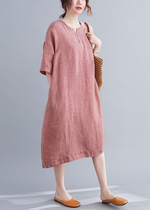 Red Pockets Plaid Cotton Vacation Dresses Short Sleeve