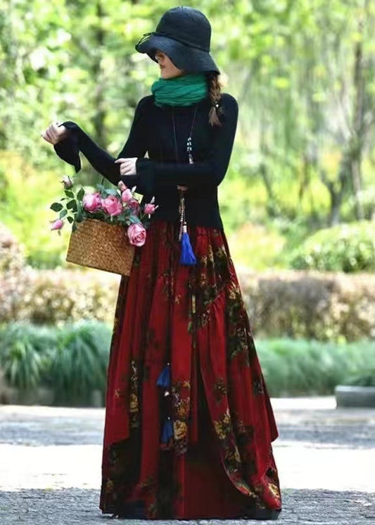 Red Wrinkled Asymmetrical Print Corduroy Skirts Spring