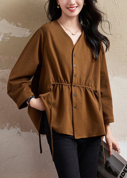 Coffee V Neck Button Lace Up Cotton Shirt Top Fall