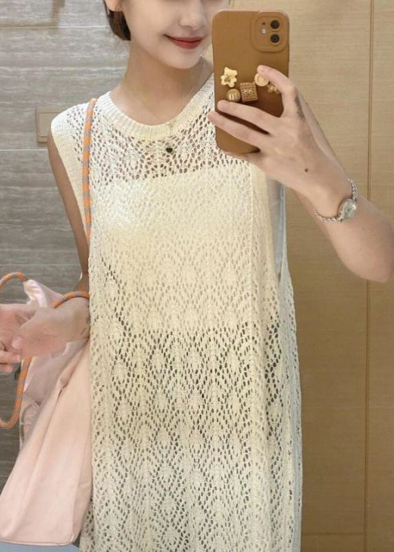 Beige O Neck Side Open Knit Dresses Sleeveless