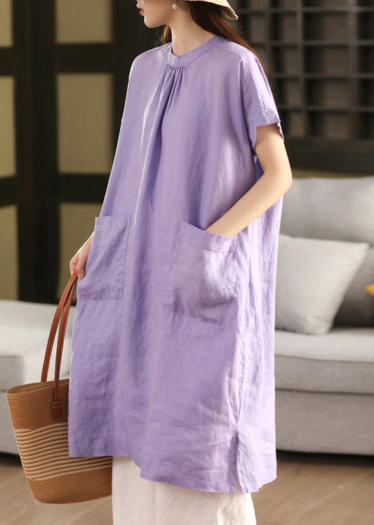 Purple Side Open Linen Dress O Neck