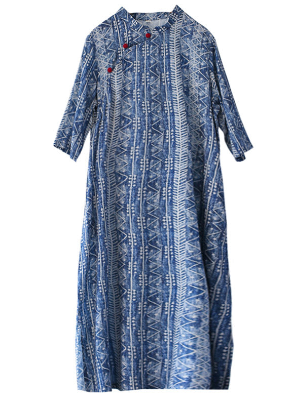 Blue Mandarin Collar Side Open Print Cheongsam Dress Half Sleeve