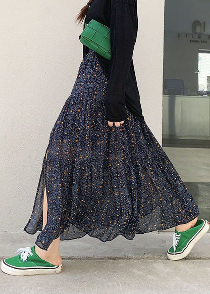 Simple Navy Wrinkled Patchwork Print Chiffon Skirts Spring