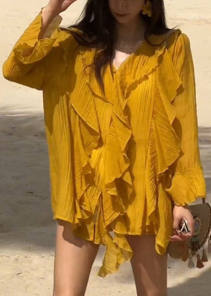 Stylish Yellow V Neck Ruffled Chiffon Shirts Flare Sleeve