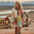 Women's Patchwork Floral Art Cozy Knit Mini Sweater Dress artswardrobe