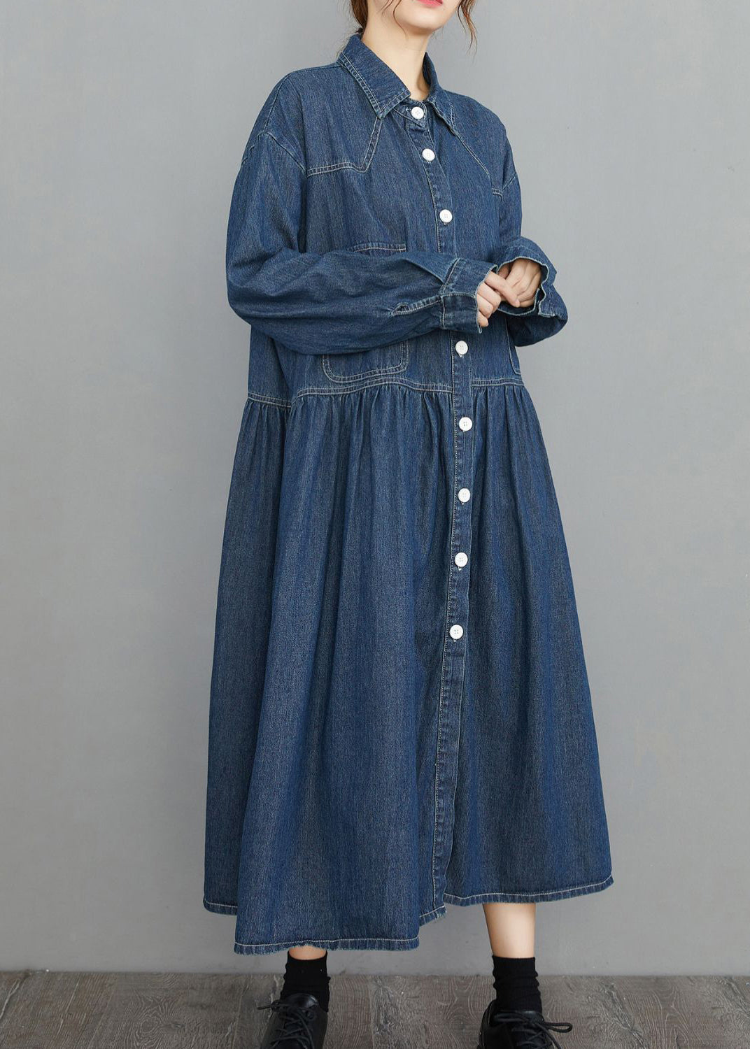 Navy Peter Pan Collar Button Pockets Wrinkled Denim Dress