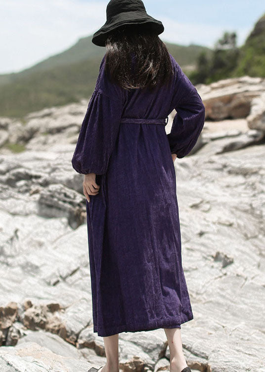 Purple Embroideried Pockets Corduroy Dress