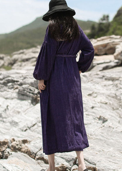 Purple Embroideried Pockets Corduroy Dress