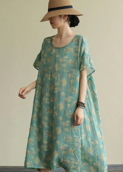 Green Print Linen Clothes O Neck Loose Summer Dresses