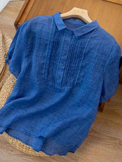 Color Short Sleeve Linen Pleated Top
