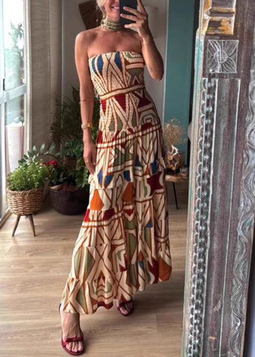 Print Cold Shoulder Patchwork Cotton Long Dress Sleeveless