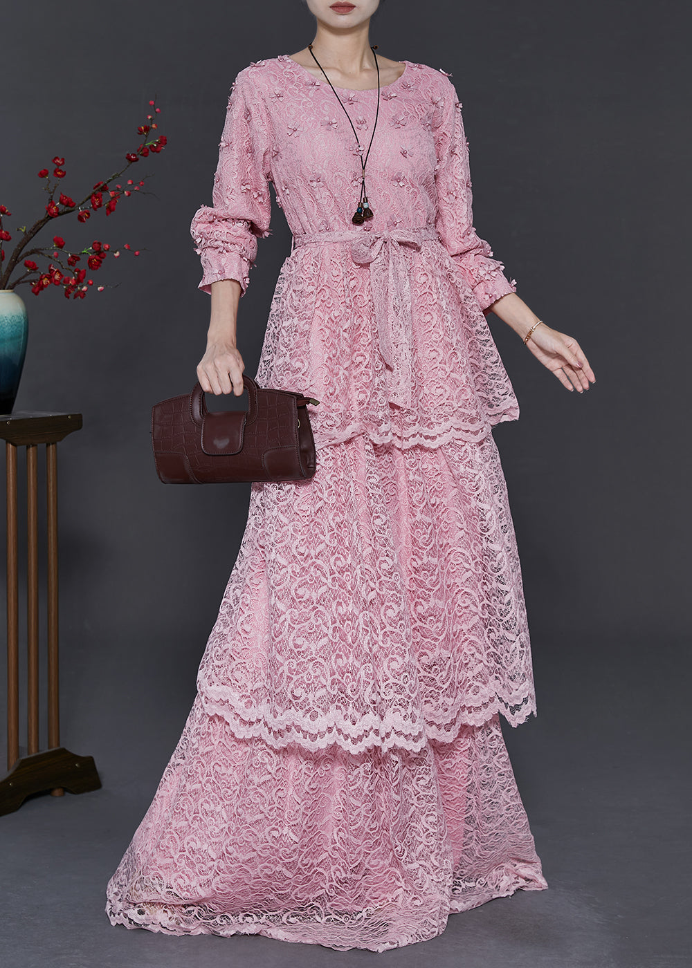 Pink Layered Lace Vacation Dress Spring
