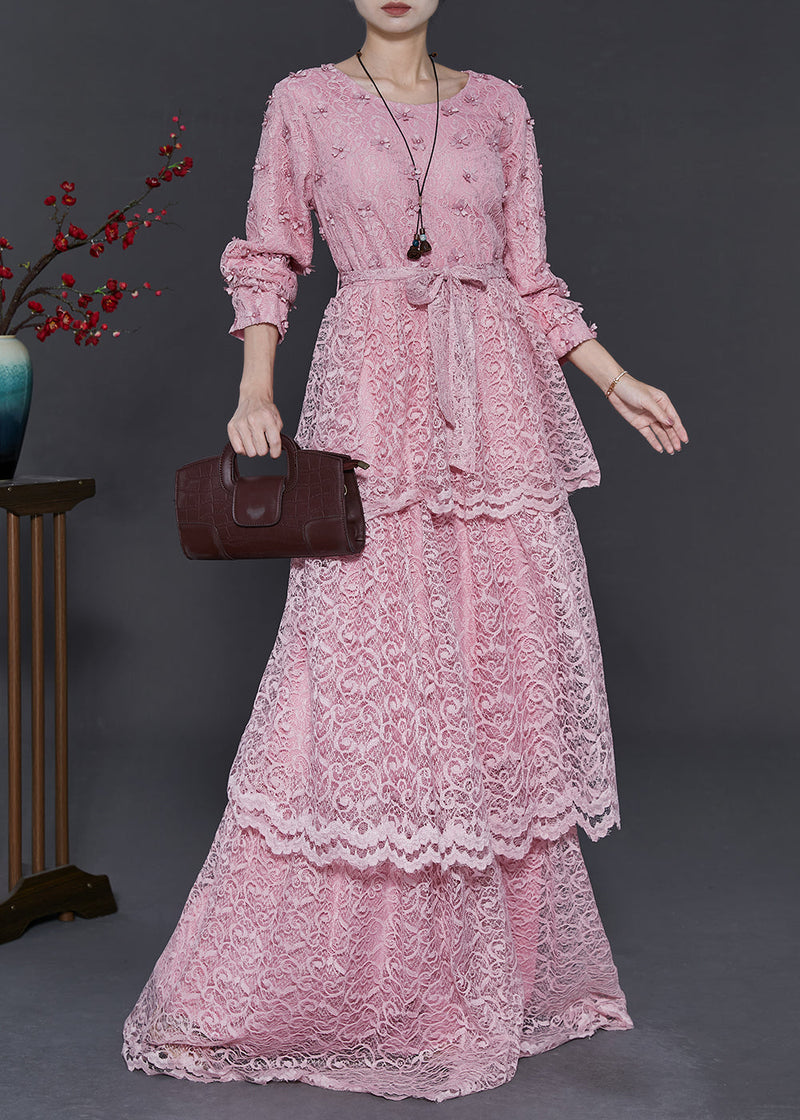 Pink Layered Lace Vacation Dress Spring