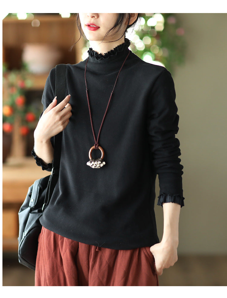 Long-sleeved Plus Fleece T-shirt With Retro Wooden Ears