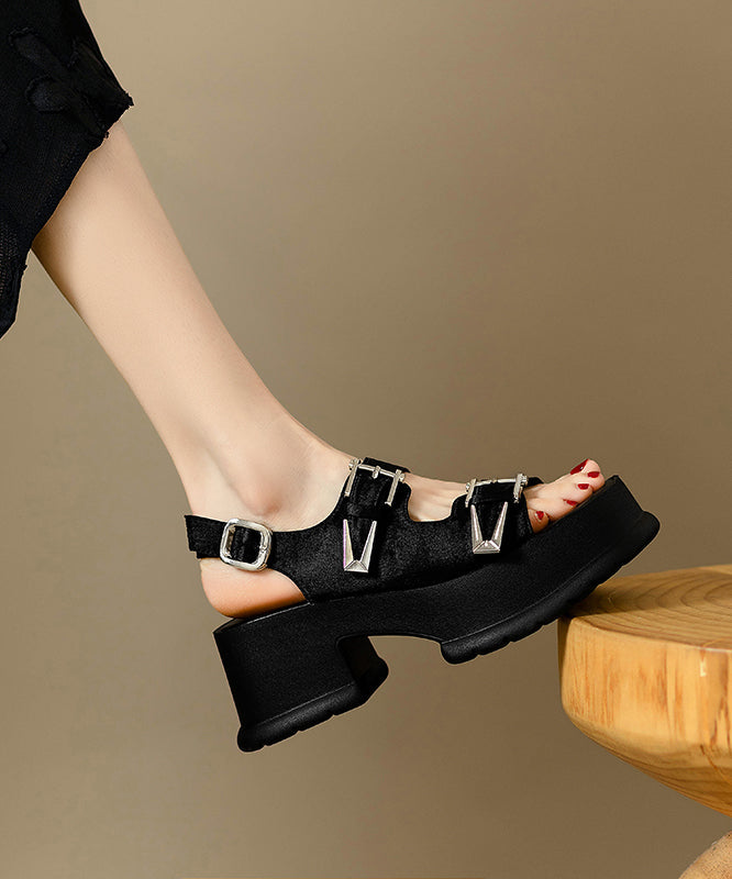 Splicing Chunky Sandals Black Cowhide Leather Peep Toe