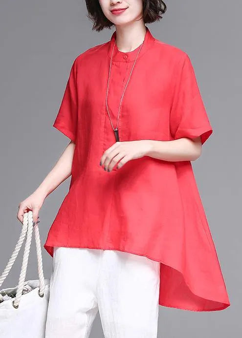 Stand Collar Asymmetric Cotton Red Box Blouse Summer