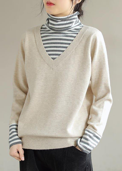 Comfy Beige Blouse Patchwork High Neck Knitted Blouse