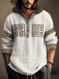Vintage Greek Key Pattern Men's Hooded Linen Shirt elevenforest