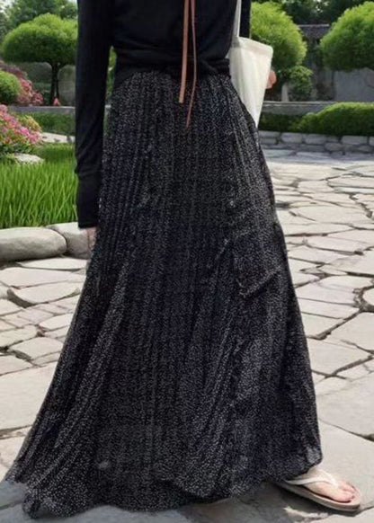 Loose Black Ruffled Print Chiffon a Line Skirts Fall