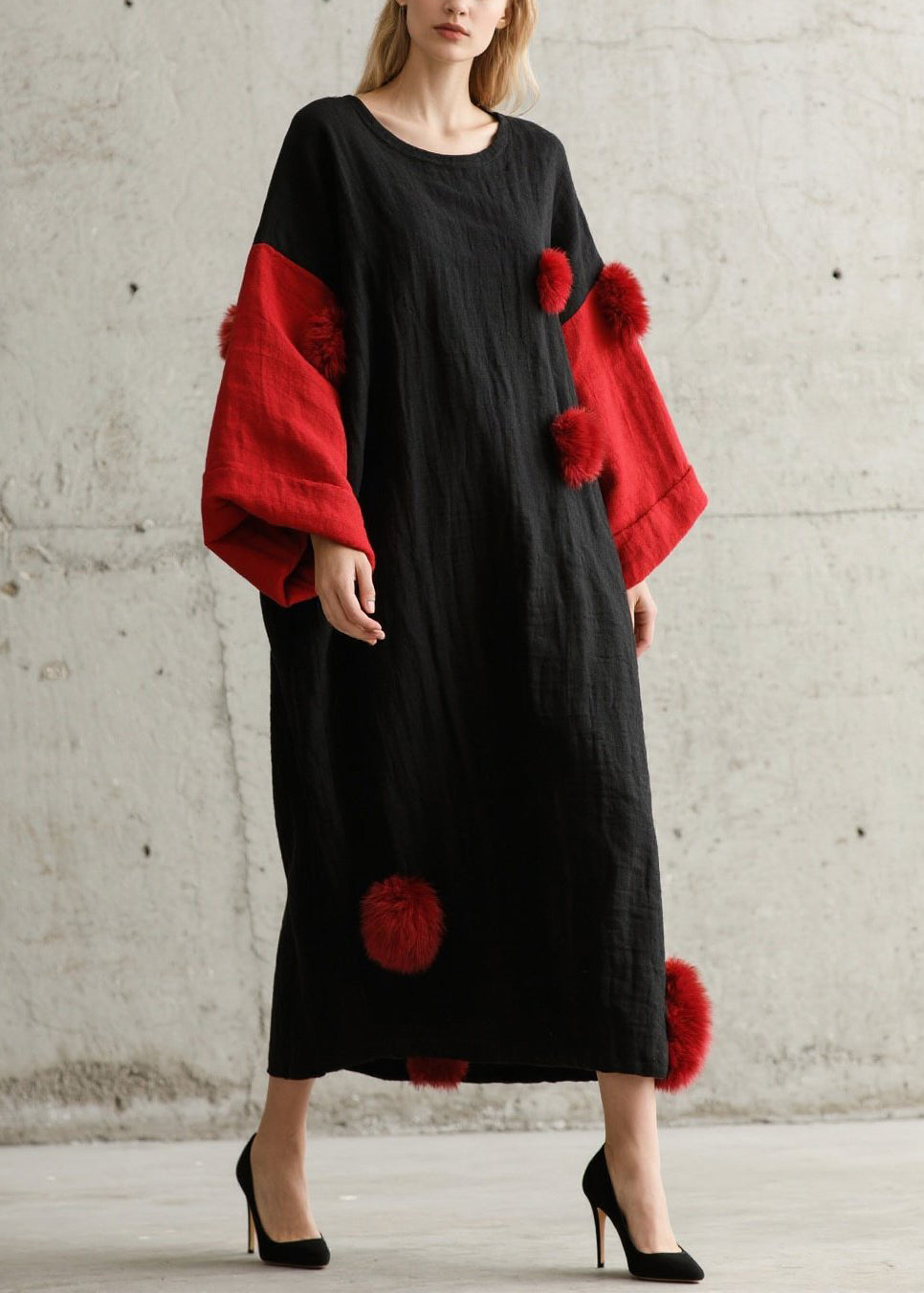 Black Oversized Patchwork Fuzzy Ball Decorated Long Dress Fall