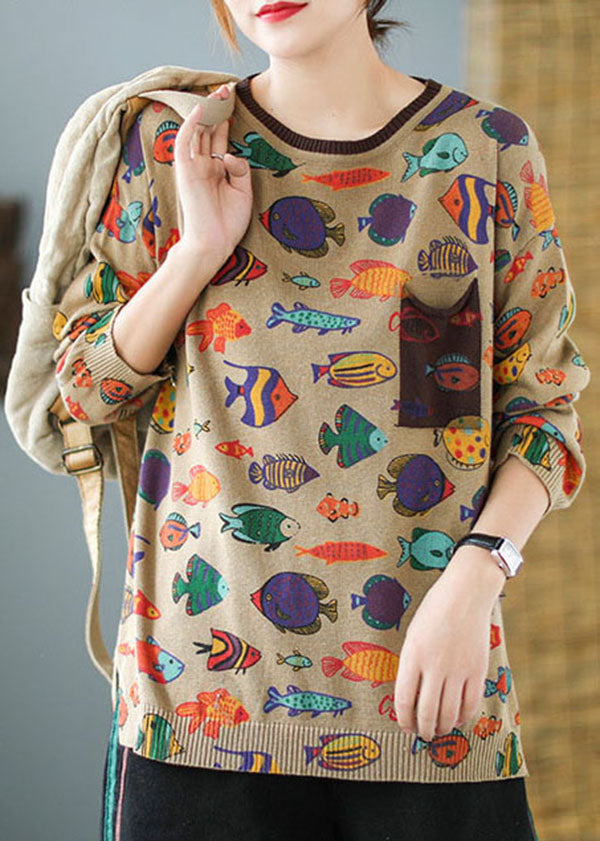 Khaki O-neck Oversized Print Knit Sweater Tops Winter