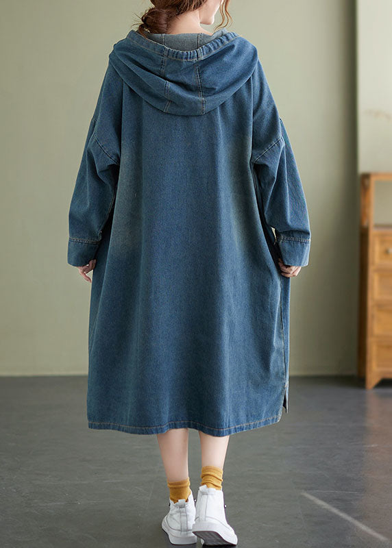 Blue Hooded Drawstring Denim Dress