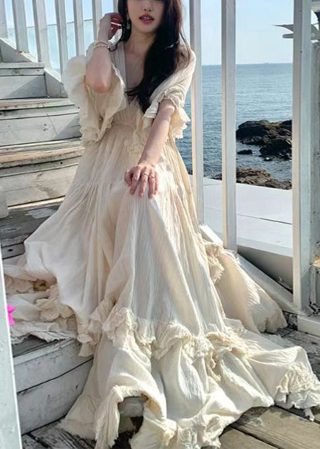 White Exra Large Hem Cotton Dresses Cloak Sleeves