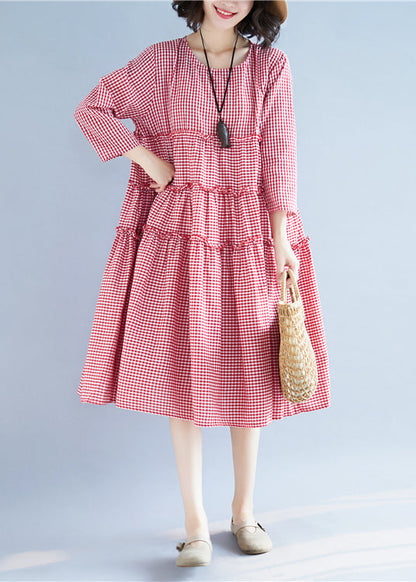 Handmade Red O-neck Ruffled Plaid Holiday Dress Long Sleeve