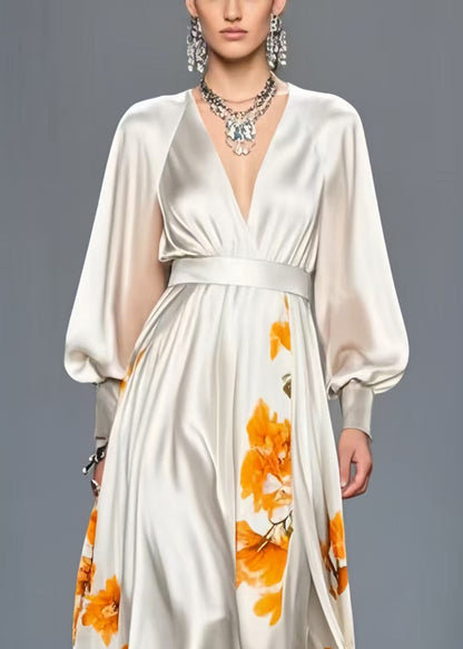 White V Neck Print Silk Cinched Dress Spring