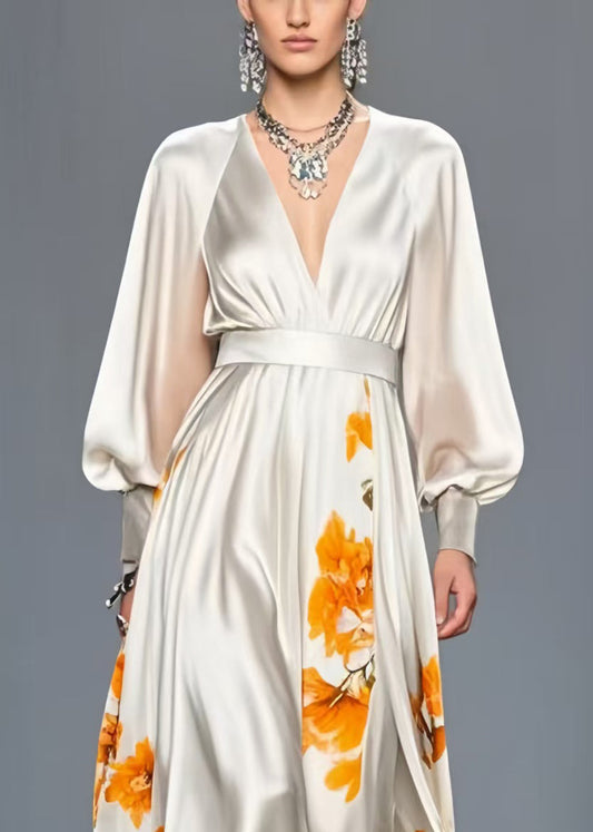 White V Neck Print Silk Cinched Dress Spring