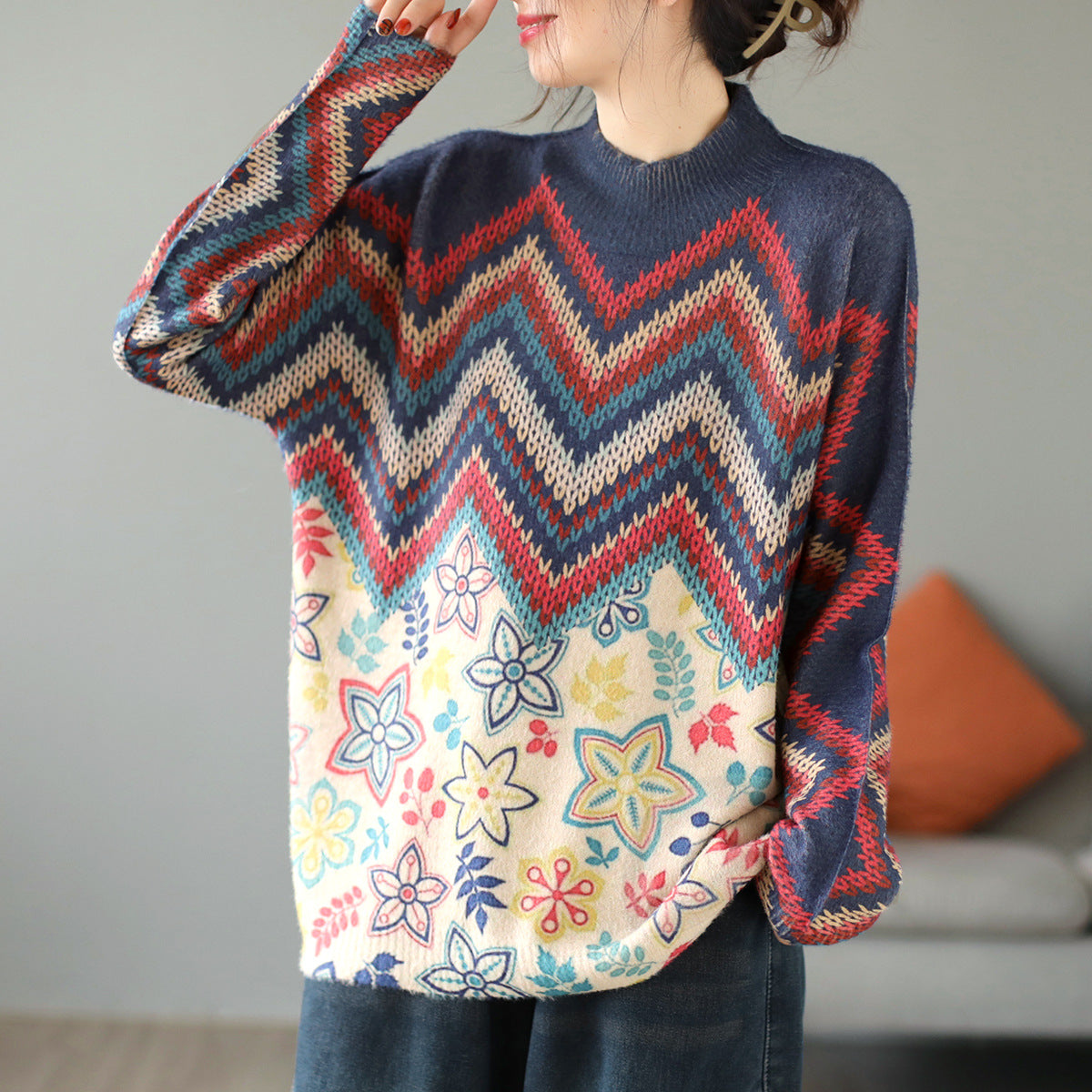 Artistic Retro Half Turtleneck Faux Mink Knitted Sweater