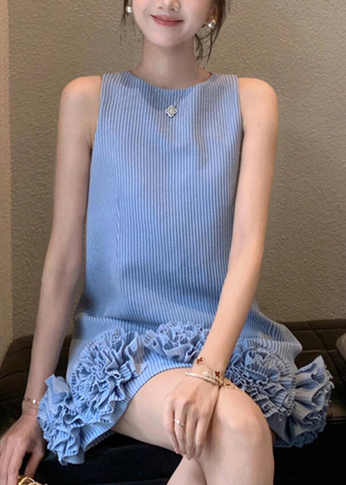 Stylish Blue O Neck Striped Cotton Mini Dresses Sleeveless