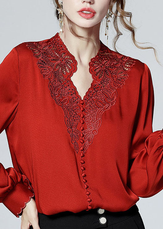 Red V Neck Button Embroidered Patchwork Silk Shirt Top Spring
