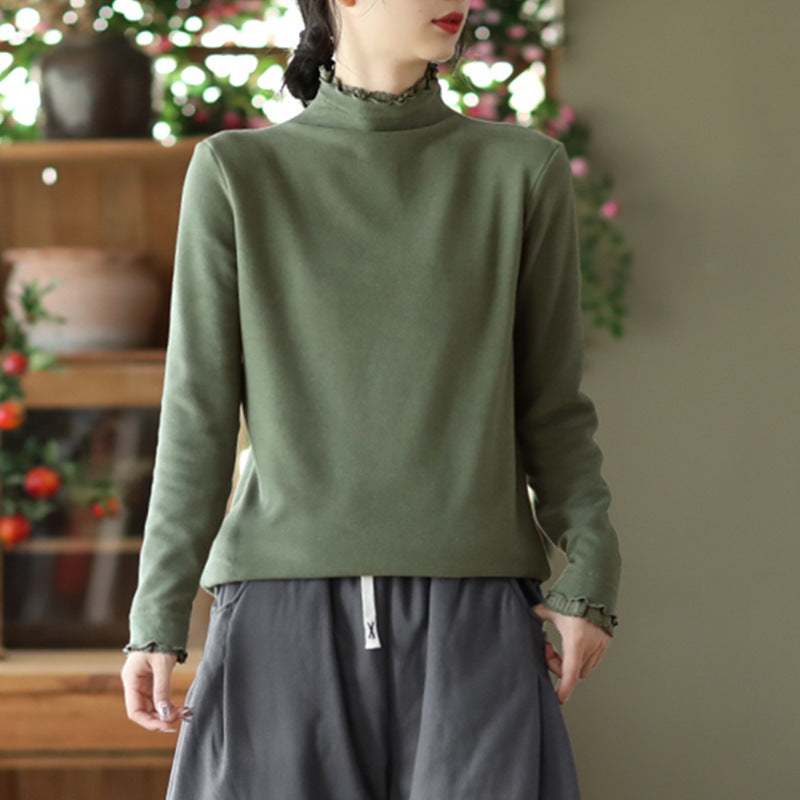 Long-sleeved Plus Fleece T-shirt With Retro Wooden Ears