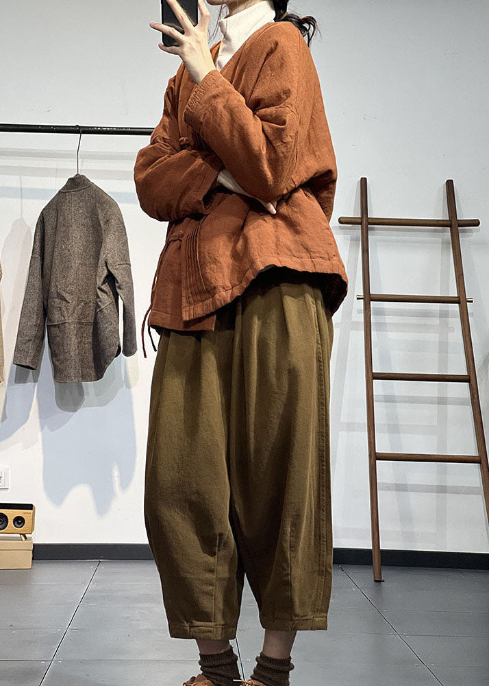 Orange V Neck Wrinkled Fine Cotton Filled Winter Coats