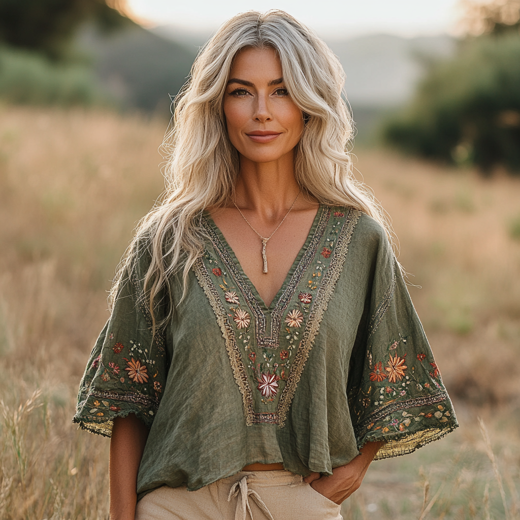 Women's Bohemian Retro Flowers Linen Blend Cozy T-shirt elevenforest