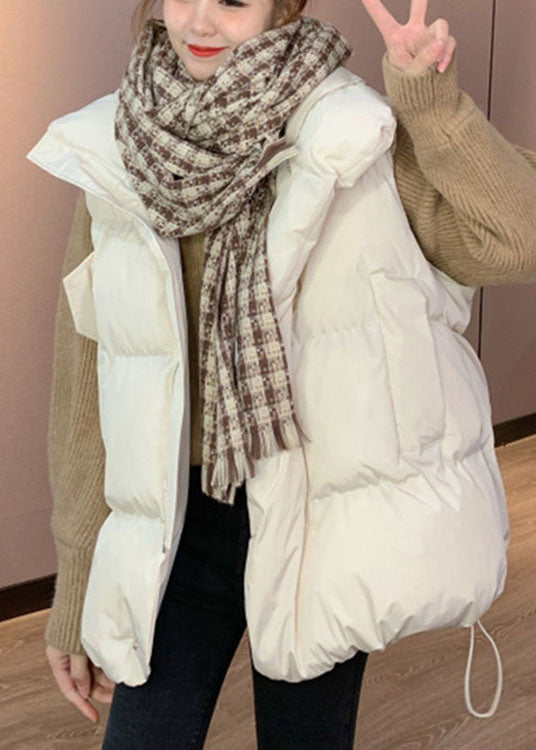 White Loose Stand Collar Pockets Winter Puffer Vest