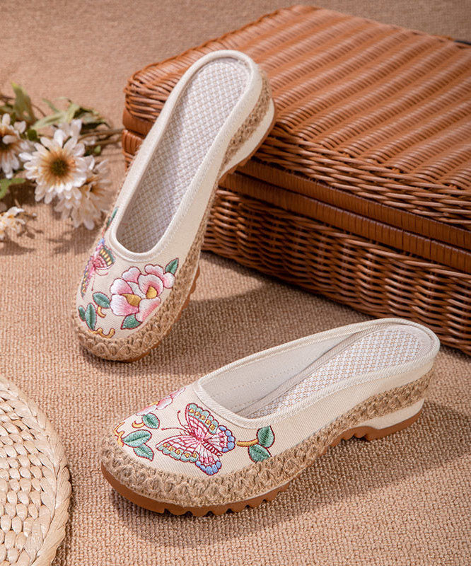 Beige Butterfly Embroideried Splicing Linen Fabric Slide Sandals