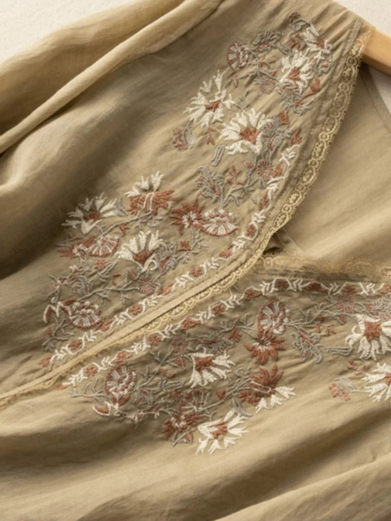 Embroidered V Neck 3/4 Sleeve Linen Top