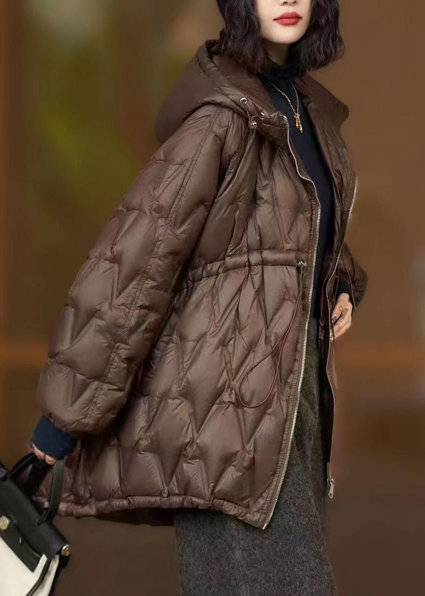 Coffee Hooded Drawstring Patchwork Duck Down Coat Winter